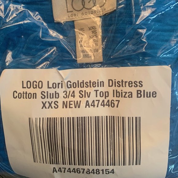 NWT LOGO BY LORI GOLDSTEIN DISTRESS COTTON SLUB 3/4 SLEEVE TOP IBIZA BLUE XXS - Picture 10 of 11